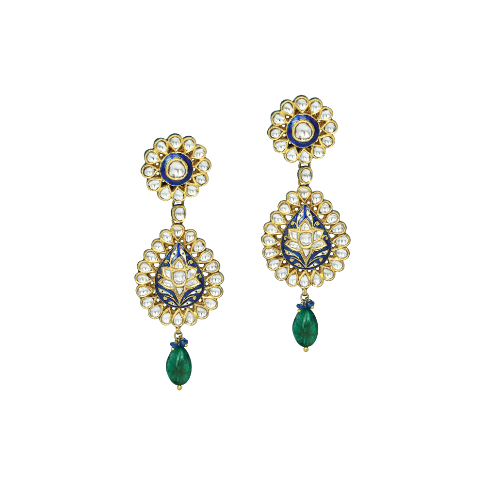 Blue Enamel Polki Earrings with Floral Design and Emerald Drops